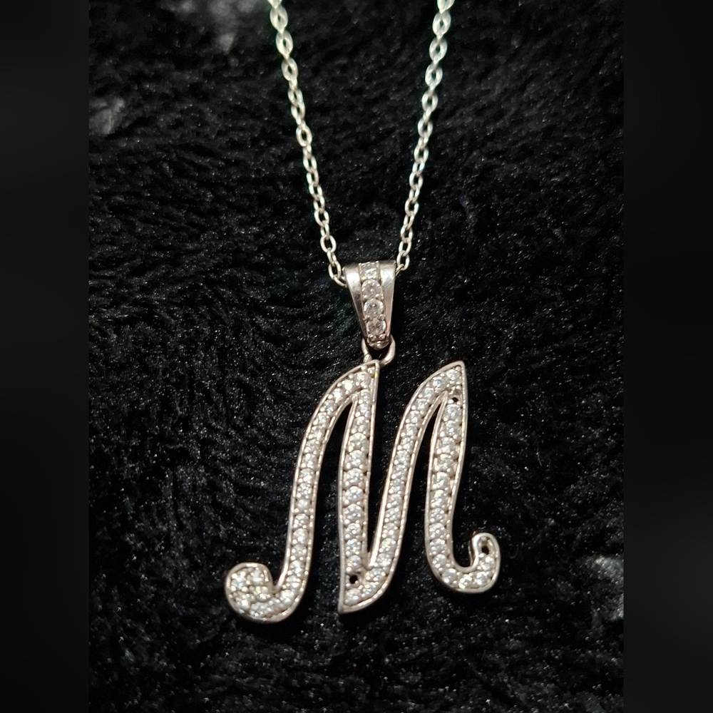 💎Vintage 925 Sterling Silver CZ Letter 'M' Initial Pendant Necklace